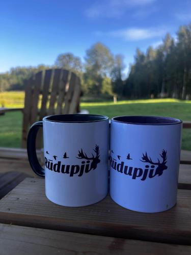 two coffee mugs sitting on top of a table at Atpūtas māja "Rūdupji" in Gulbene