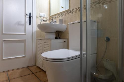 a bathroom with a toilet and a sink and a shower at Alojamiento el Campanario in Cazorla