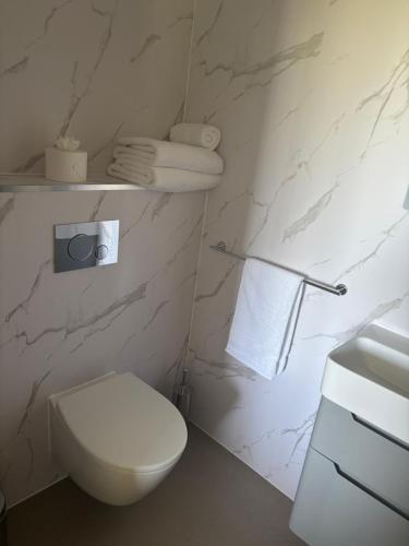 a white bathroom with a toilet and a sink at Forest Hills Golf Club in Coleford