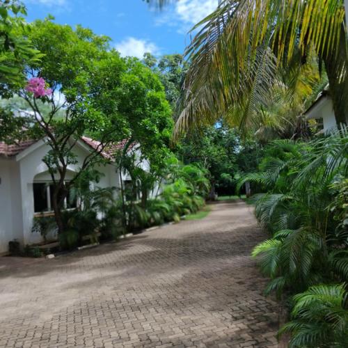 a road in front of a house with trees at Maasai Koroga Hotel & Apartments in Mombasa