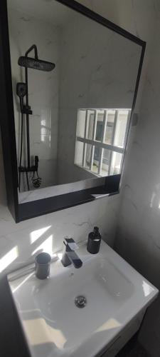 a bathroom with a white sink and a mirror at Résidence Yemissi in Cotonou