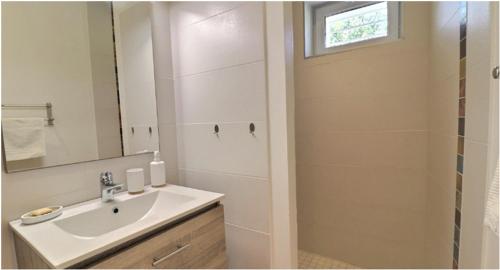 une salle de bain avec un lavabo et une douche avec un miroir dans l'établissement Gîte Les Mimosas - 2 à 4 personnes - Vue imprenable, à Largentière
