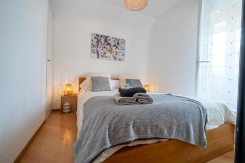 a bedroom with a bed with a gray blanket at Appartement cosy rue Pasteur in Briançon