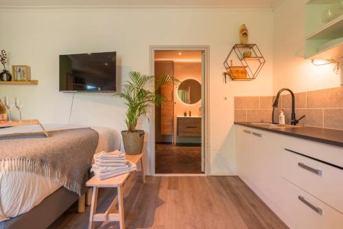 Kuchyň nebo kuchyňský kout v ubytování Cozy House - fietsverhuur, eigen keuken en badkamer