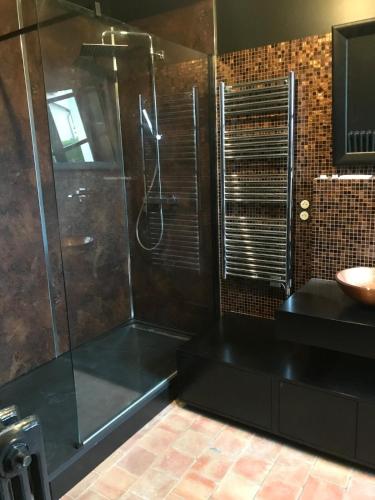 a bathroom with a shower and a sink at La Grande Maison in Saint-Mars-dʼOutillé
