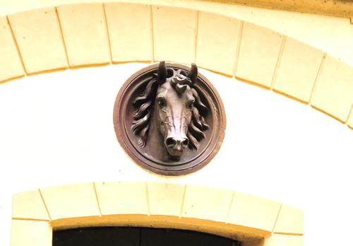 a statue of a lion on the side of a building at Schlosshotel Hohenbocka in Hohenbocka