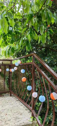 a wooden bench with mushrooms on it under a tree at Villa Seashell in Prčanj