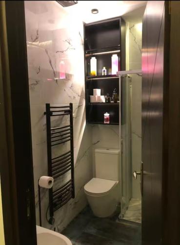 a small bathroom with a toilet and a sink at Well equipped apartment with luxurious interior furnishings in Tangier