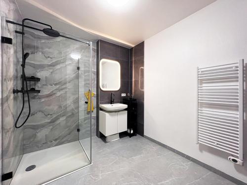ein Badezimmer mit Dusche, Toilette und Waschbecken in der Unterkunft bonquartier - Luxus in Natur - Penthouse nah Bonn in Wachtberg