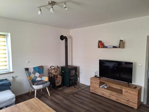 a living room with a flat screen tv and a chair at Apartmán v Plané in Tachov