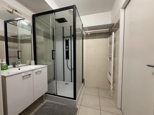 une salle de bain avec douche et lavabo dans l'établissement Plantation FL - 4 Pers, Spacieux, Chaleureux, à Reims
