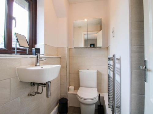 a bathroom with a toilet and a sink and a mirror at 63 Severn Street in Bridgnorth