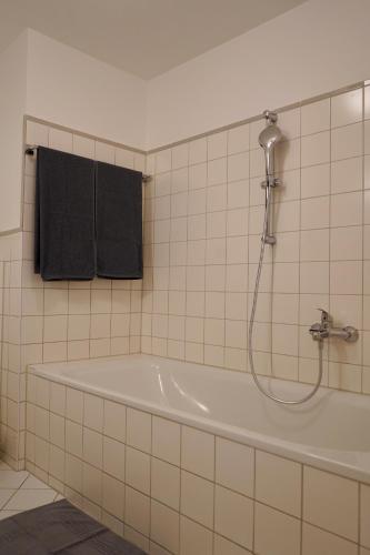 a bathroom with a bath tub with a shower at Villa Kempner Werder in Kolonie Roeske