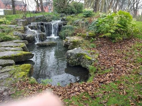 a waterfall in a garden with rocks and a pond at The Bungalow and Studio Apartments in Lytham St Annes