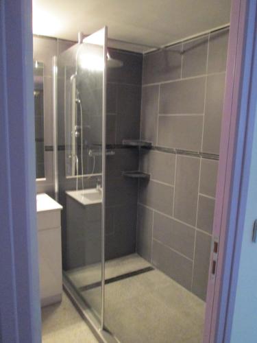 une salle de bain avec une douche en verre avec un lavabo dans l'établissement Résidence Anitrella, à Porto-Vecchio