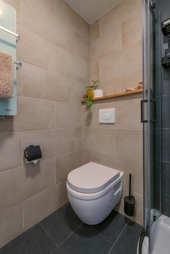 a bathroom with a toilet and a shower at Tiny house - fietsverhuur, eigen keuken en badkamer in Nijmegen