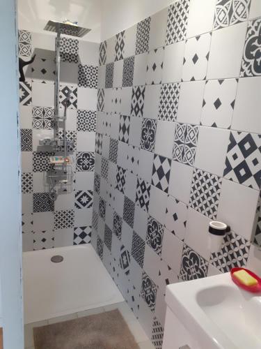 a bathroom with black and white tiles on the wall at Coin détente in Le Fossat