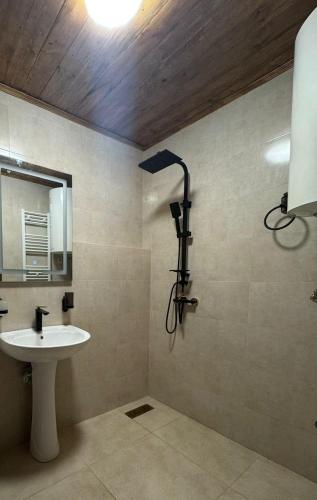 a bathroom with a sink and a mirror at Safari House Tbilisi Wine & Family Hotel in Tbilisi City