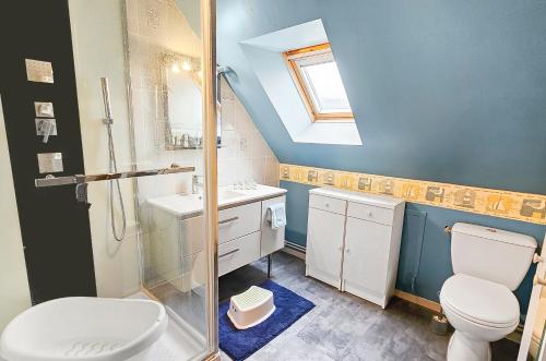 une salle de bain avec une douche, des toilettes et un lavabo dans l'établissement Cousinades and XXL family, terrace, à Merville-Franceville-Plage