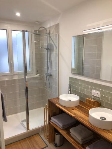 une salle de bain avec un lavabo et une douche dans l'établissement Appartement 3 chambres - grande terrasse, à Saint-Nazaire