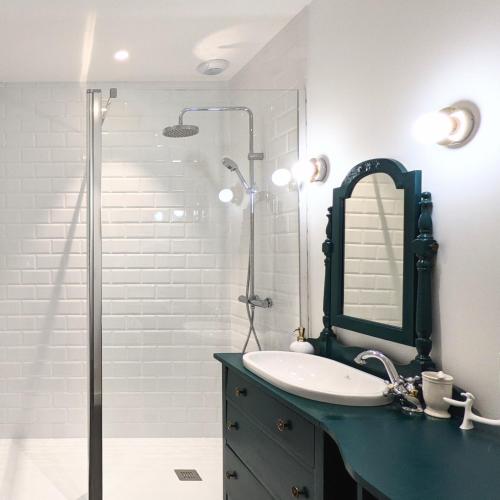 une salle de bain avec un lavabo et une douche avec un miroir dans l'établissement Maison Familiale - Centre Ville - 2 chambres, à Angers