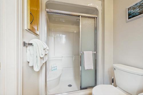 a bathroom with a shower and a toilet at Ski Dreams in Dover