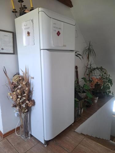 a white refrigerator in a room with flowers in a vase at bizon in Sadowne