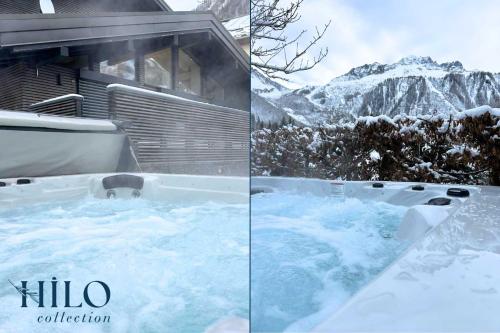 un bain à remous recouvert de neige devant une montagne dans l'établissement A great chalet for 4 people with Jacuzzi, à Chamonix-Mont-Blanc