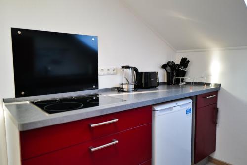 a kitchen with red cabinets and a flat screen tv at ThermenNest Erding, parking, wifi in Erding