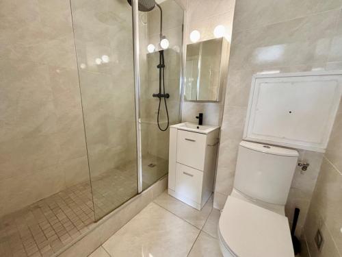 une salle de bain avec une douche, des toilettes et un lavabo dans l'établissement Appartement T3 mezzanine, plage des Sablettes à 300 m !, à La Seyne-sur-Mer