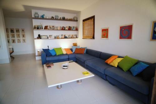 - un salon avec un canapé bleu et des oreillers colorés dans l'établissement Villa Shasa, à Talamone