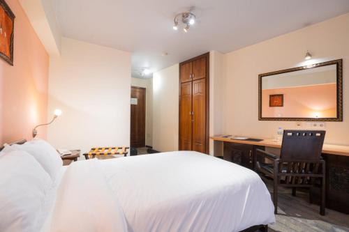 une chambre avec un lit, un bureau et un miroir dans l'établissement Garden Inn Hotel and Apartments, à Addis-Abeba