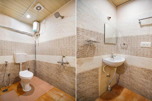 two pictures of a bathroom with a toilet and a sink at FabHotel Indian Suites - Old Madras Rd in Bengaluru