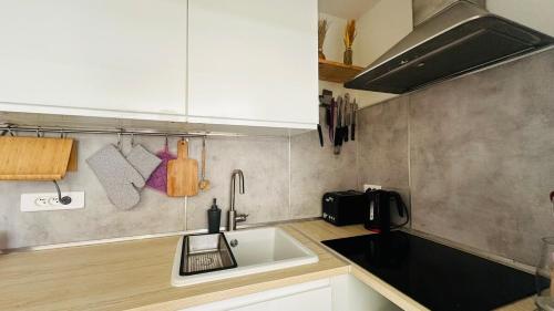 une cuisine avec un évier et un plan de travail dans l'établissement Charme & Soleil YourHostHelper, à Castelnau-le-Lez