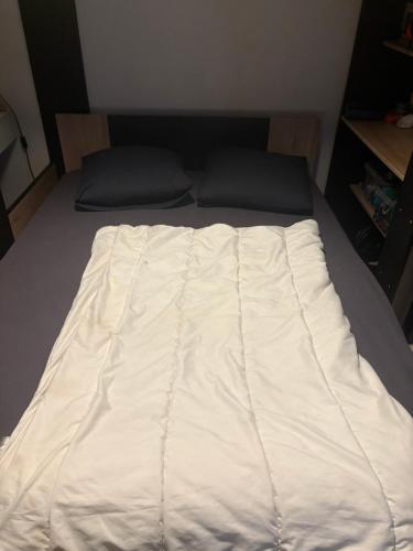 - une couette blanche sur un lit dans l'établissement Très beau T2, à Ozoir-la-Ferrière