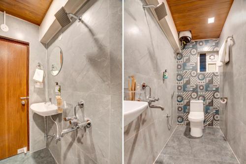 two pictures of a bathroom with a sink and a toilet at Treebo Address Inn Gachibowli in Hyderabad