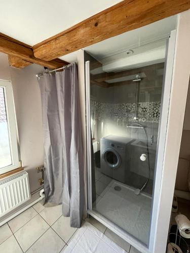 une salle de bain avec douche et machine à laver dans l'établissement Gites des Mines d'Argent- Le Saint-Louis 5 personnes avec terrasse privative-Le Saint-Barthélemy 4 personnes, à Sainte-Marie-aux-Mines