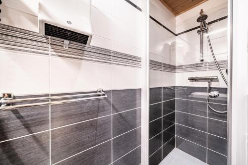 a bathroom with a glass shower stall and a sink at La Flèche d'Or in Châtel