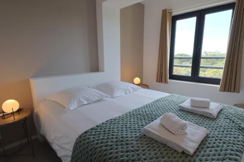 En eller flere senge i et værelse på L'Envol - T3 vue mer avec piscine et plage privée