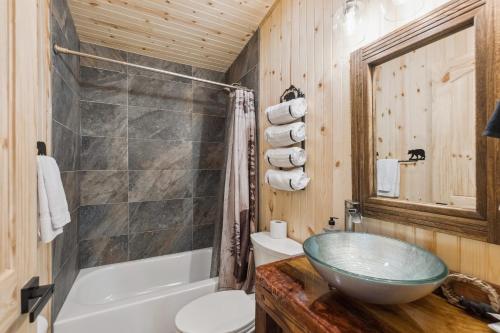 a bathroom with a sink and a toilet and a tub at Baby Bear Valley - Peaceful Gatlinburg Retreat in Gatlinburg