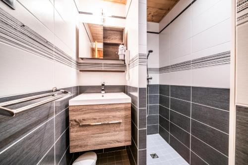 a bathroom with a sink and a shower at La Flèche d'Or in Châtel