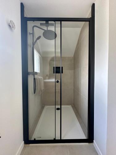 une douche avec une porte vitrée dans une salle de bain dans l'établissement L'annexe Landaise, à Saint-Martin-de-Seignanx