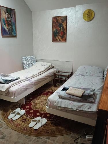 two beds in a room with shoes on the floor at Vila Petrov in Lukavica