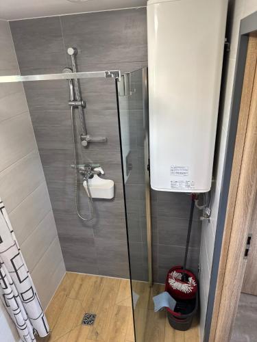 a bathroom with a shower with a sink at Domki Pod Jarzębiną Borsk in Borsk