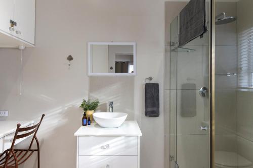 a bathroom with a sink and a shower at Twelve on Arum in Somerset West