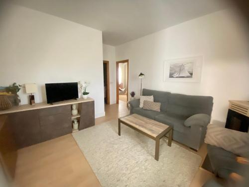 Una sala de estar con un sofá y un televisor. en APARTAMENTOS TURÍSTICOS WAMBALORE, en Pampliega