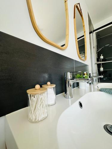 une salle de bain avec un lavabo blanc et un miroir dans l'établissement L'Antre-Deux Maison 3 chambres avec jardin, à Charleville-Mézières