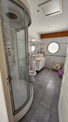 une salle de bain avec une douche, des toilettes et un lavabo dans l'établissement Family villa with pool, à Biscarrosse