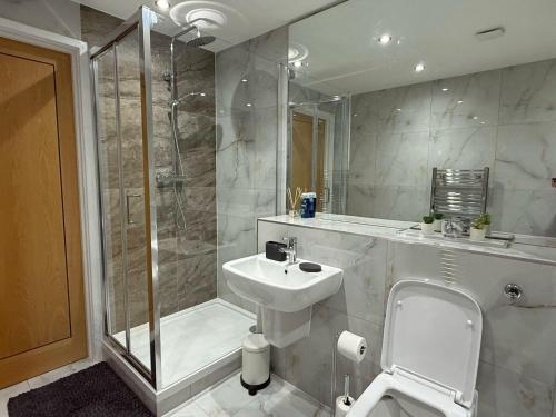 ブラックネルにあるQuaint Bracknell Apartment with Two Bedroomsのシャワー、トイレ、洗面台を備えたバスルーム