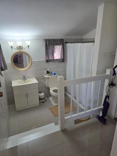 a bathroom with a toilet and a sink and a mirror at Sunset 22 by the Airport Apt#6 in Montego Bay